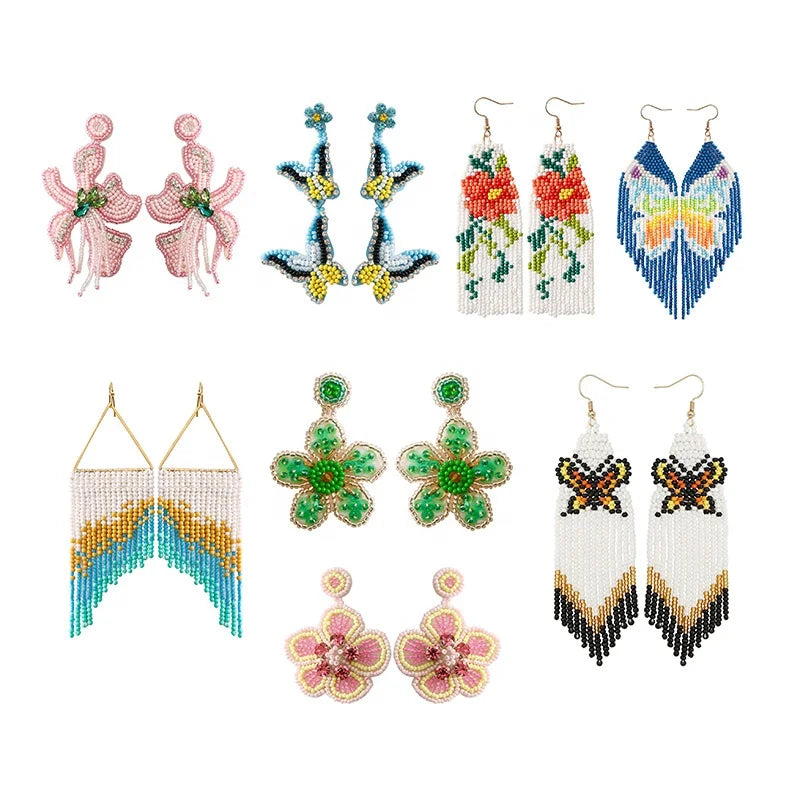 2025 Bohemian Vacation Style Flower Butterfly Lily Beads Earrings Women Blue Beads Waterfall Tassel Drop Earrings for Women