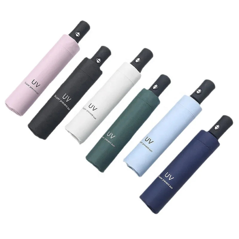 Wholesale Basic Ready to Ship UV Protection Black Coating Automatic Three Folding Umbrella for the Rain