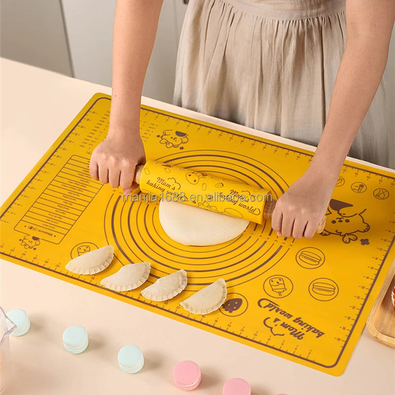 MANJIA Cute Yellow Bear Carton Rolling Pin and Pastry Baking Mat Set White Silicone Mat Pastry and Bakery Kitchen Rolling Pin