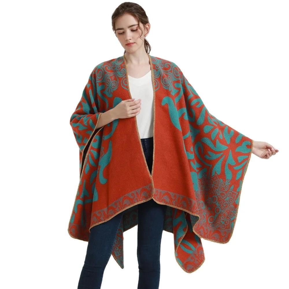 New Arrival Women's Ethnic Style Shawls Wraps One Size Cardigan Winter Ponchos Capes Open Front Fox Trim Cashmere Cape for Wo
