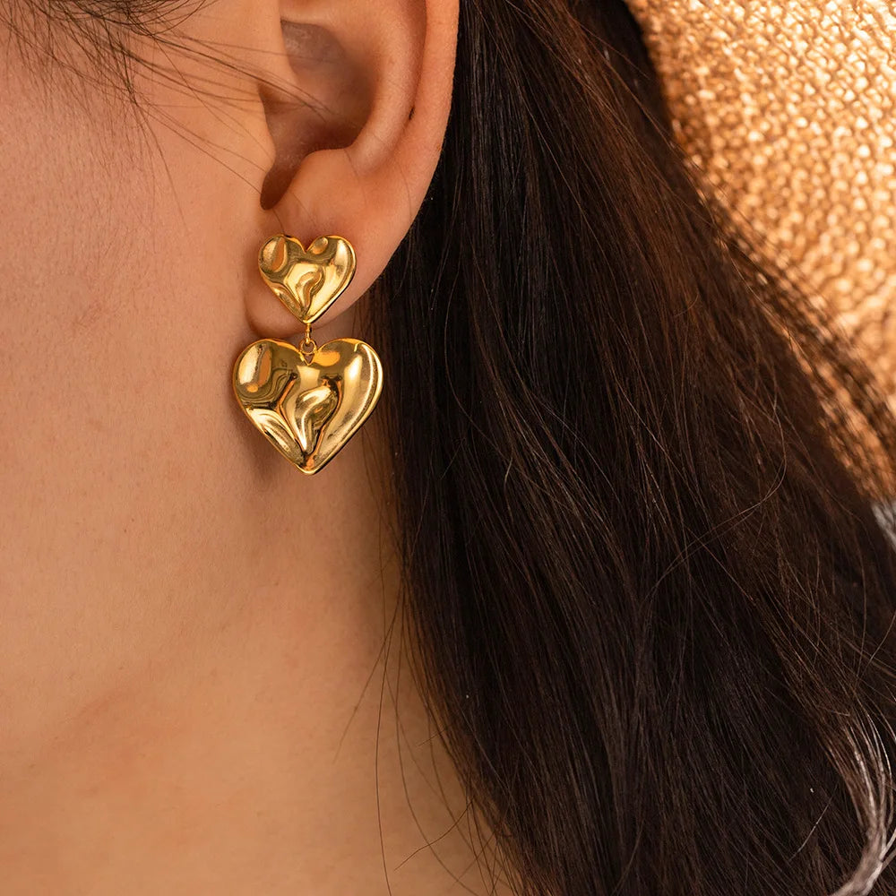 New Style Trendy 18K Gold Plated Stainless Steel Jewelry Gift Texture Double Heart Drop Earrings for Women