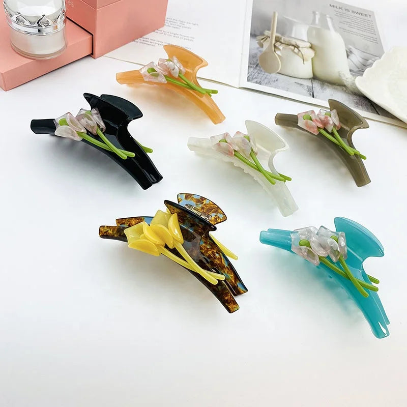 11cm Large Ponytail Shark Clamp Luxury Hair Accessories Double Side Acetate Tulip Hair Claw With Beautiful Flower Clip Hair