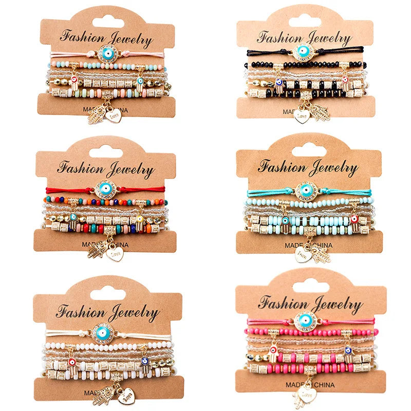 Fashion Bohemia Devil Eye Multi-layer Beaded  Bracelets Classic Stacking Stretch Charm Handmade Bracelets Set Jewelry for Wom