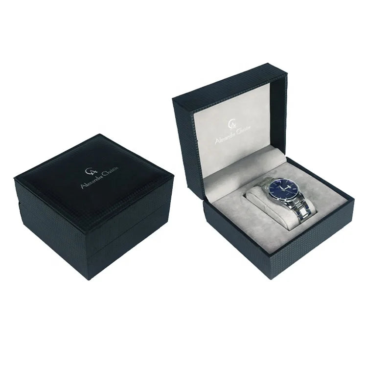 Cute Design Black PU Leather Sewing Top with Grey Velvet Lining 11x11x8CM Watch Gift Packing Boxes Customize Logo for Brand