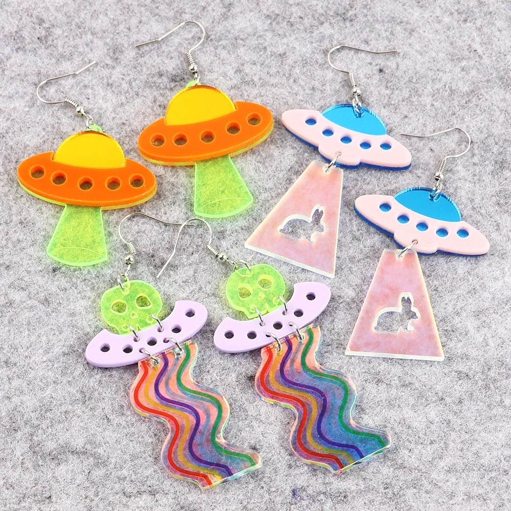 Acrylic Earrings Retro Earrings Wholesale Rainbow Dazzling Ufo Long Pendant Trendy Mixed Resin Green Drop Earrings 1pair/opp 
