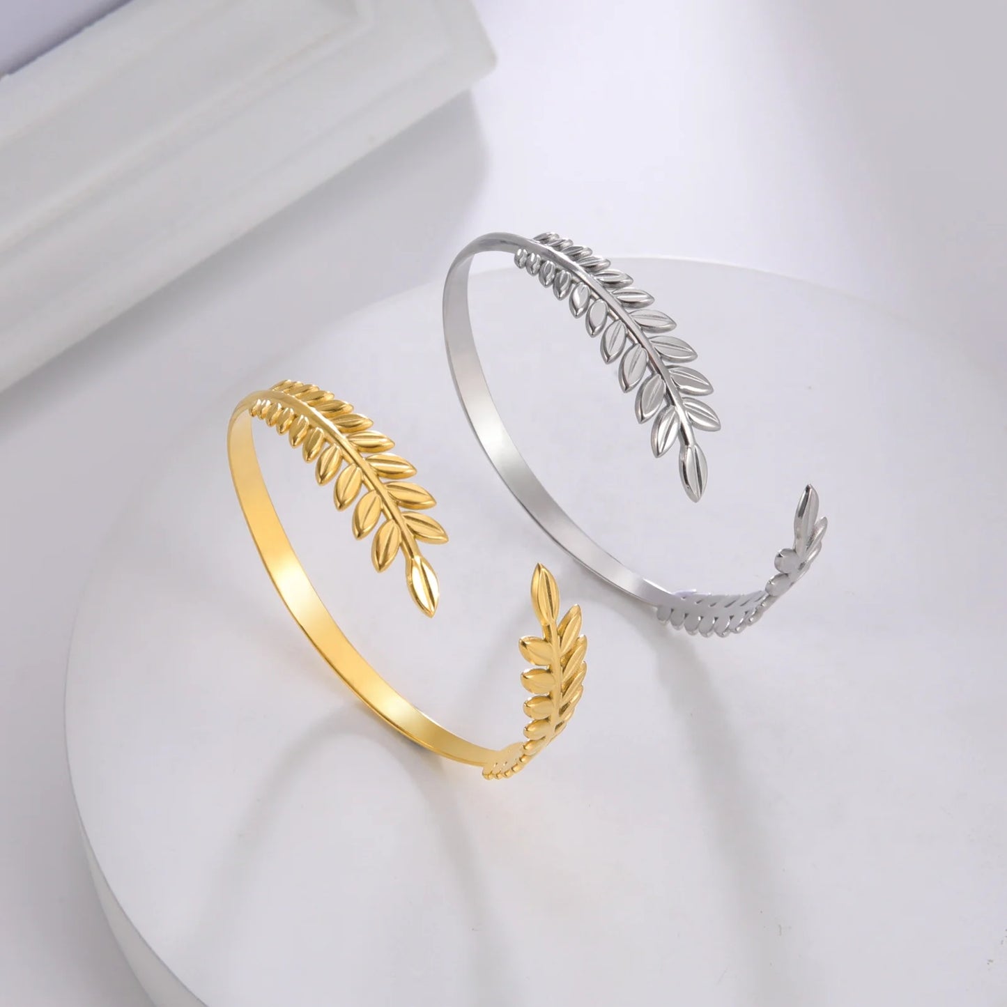 Greek Roman Laurel Leaf Stainless Steel Bangle for Women Gold Color Wheat Ears Boho Bangle Jewelry Anniversary Birthday Gift