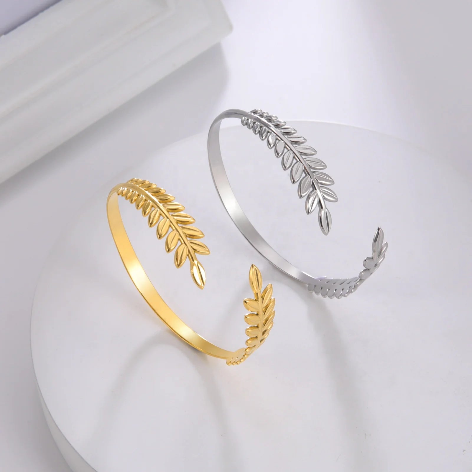 Greek Roman Laurel Leaf Stainless Steel Bangle for Women Gold Color Wheat Ears Boho Bangle Jewelry Anniversary Birthday Gift