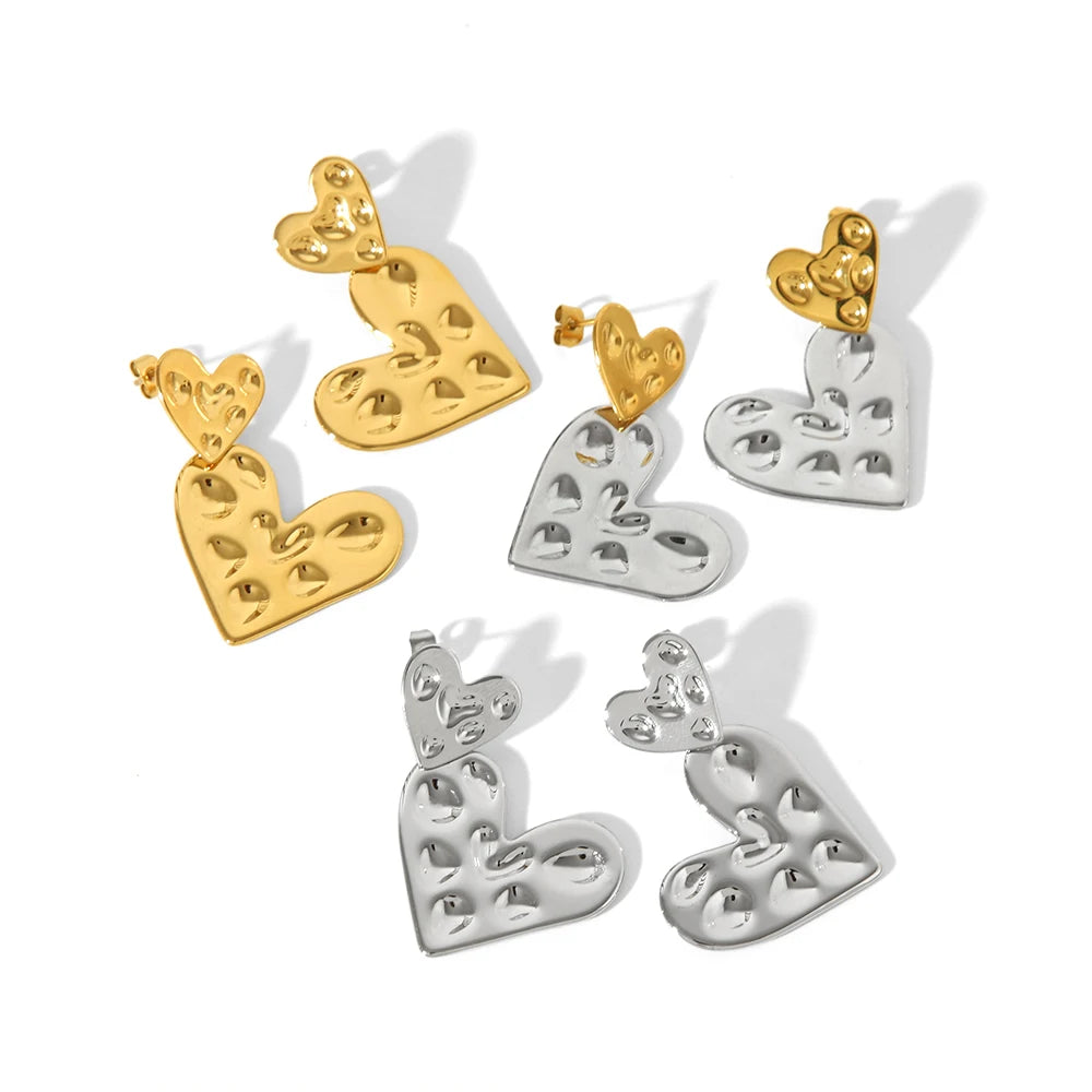 Vintage Stainless Steel 18K Gold Plated Double Heart Pendants Lava Drop Earrings Gold Waterproof Jewelry for Ladies