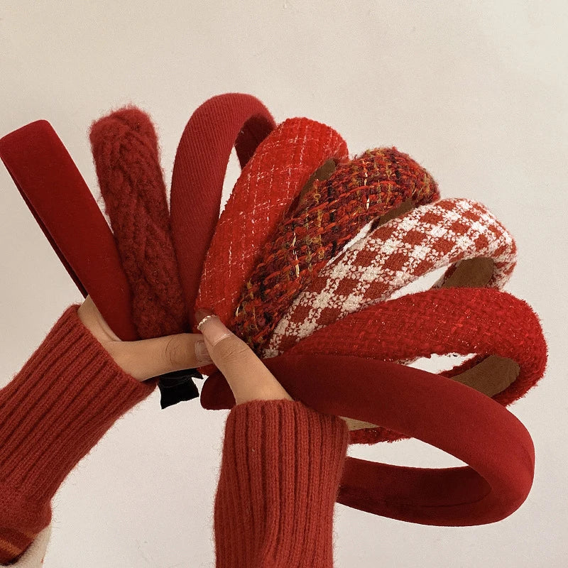 Winter Red Sponge  Headband Women Solid Color Knotted Hairband Knitting Hair Hoop Retro Makeup Red Headband Diademas-por-mayo