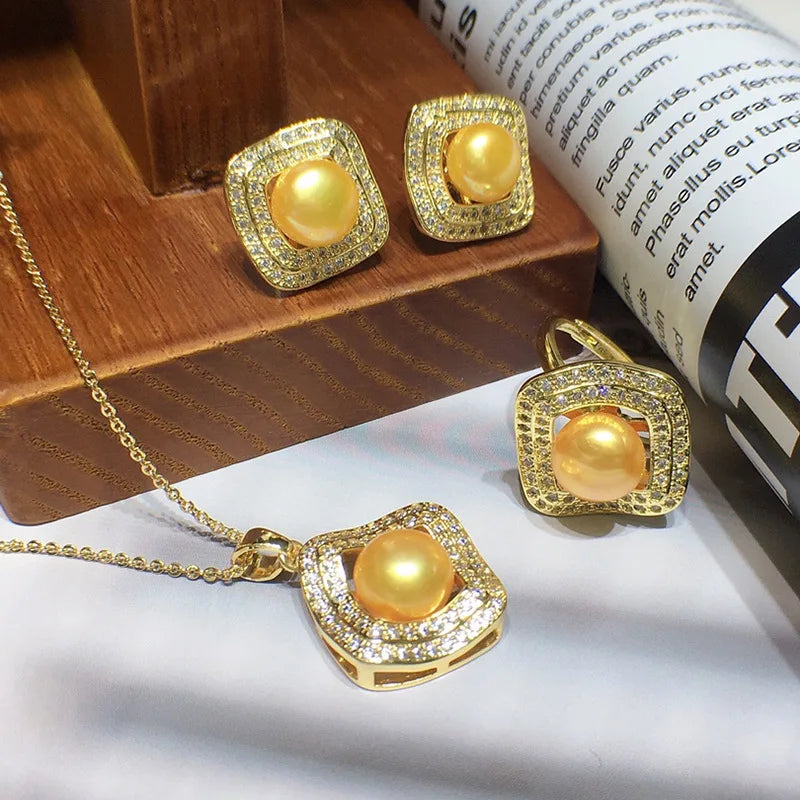 Luxury Design Geometric Shape Zirconia Jewelry 18k Gold Plated Bridal Natural Freshwater Pearl Women Jewelry Sets