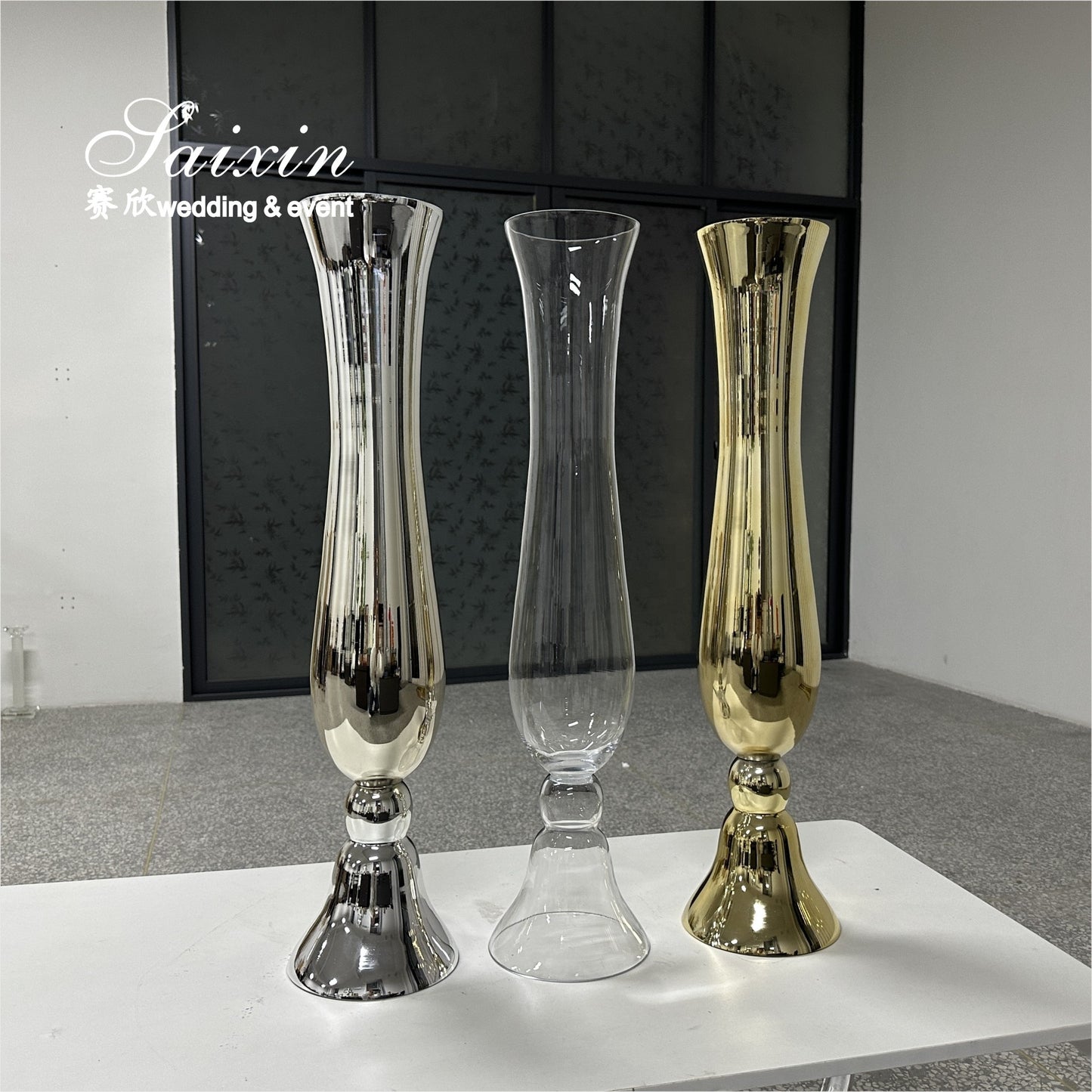 Hot Sale Beautiful Gold Silver clear Glass Vase for Wedding Table Decoration