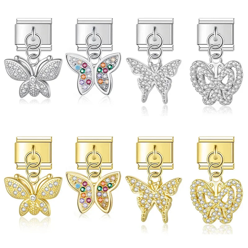 Hapiship 2024 Fashion Beautiful Cute Butterfly Dazzling CZ Charm Italian Links Fit 9mm Bracelet DIY Making Jewelry DJ624