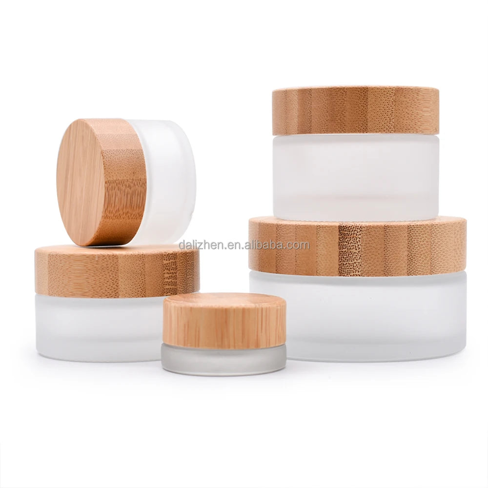 30g 50g  Frosted Clear Cream Glass Jar Bamboo Lid Container Empty Customized Cosmetic Packaging Jars