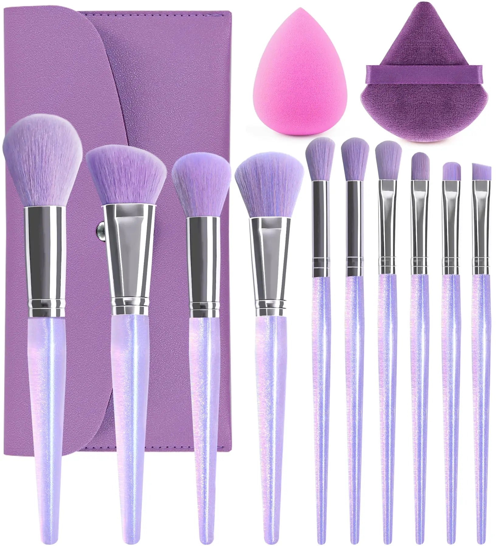 OEM ODM Customizable 12 Piece Purple Aluminum Ferrule Makeup Brush Foundation Contour Blush Concealer Face Highlight Eyeshado