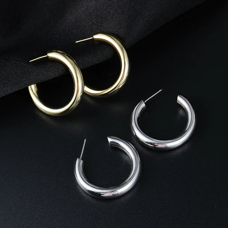 Fashion Chunky Earrings Jewelry 925 Sterling Silver Big Earrings Heavy Chic Punk C Shaped Gold Plated Hoop Earrings Women