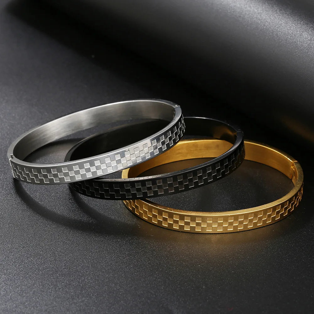 Personalized Fashion Stainless Steel Bracelet Diamond Check Open Bracelet Retro Trendy Frosted Check Bangle Bracelet for Men