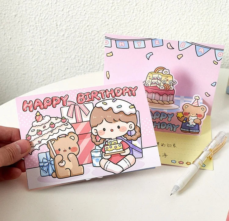 Cartoon Girl Birthday Card Gift Idea Cute Happy Birthday Three-Dimensional Envelope Greeting Card