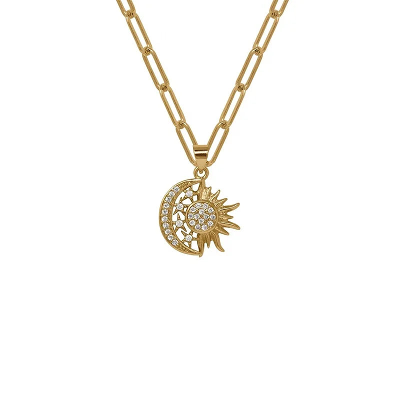 Milskye 2024 925 Silver 18k Gold Charm Zircon Pendant with Moon Sun and Stars hang on Delicate Paper Clip Chains Necklace