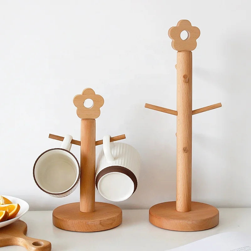 PUSELIFE Modern Standing Type Customized Logo Decorative Beech Wood Coffee Mug Tree Holder