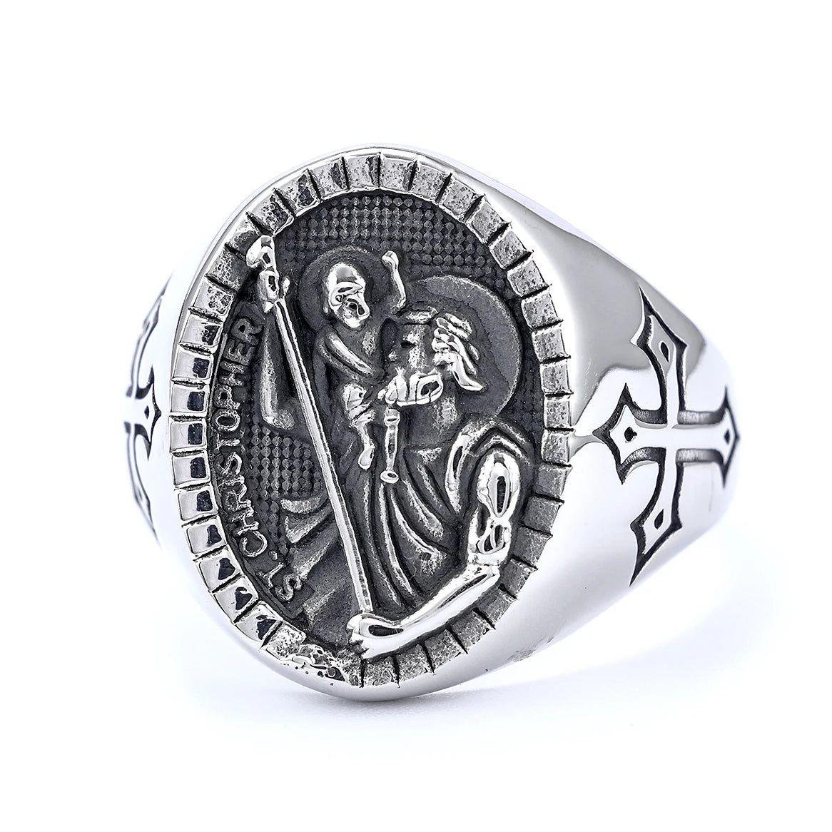Ready to Ship Religious Style Polished Stainless Steel Christian Catholic Cross Protect Us Saint Christopher Rings for Men Wo