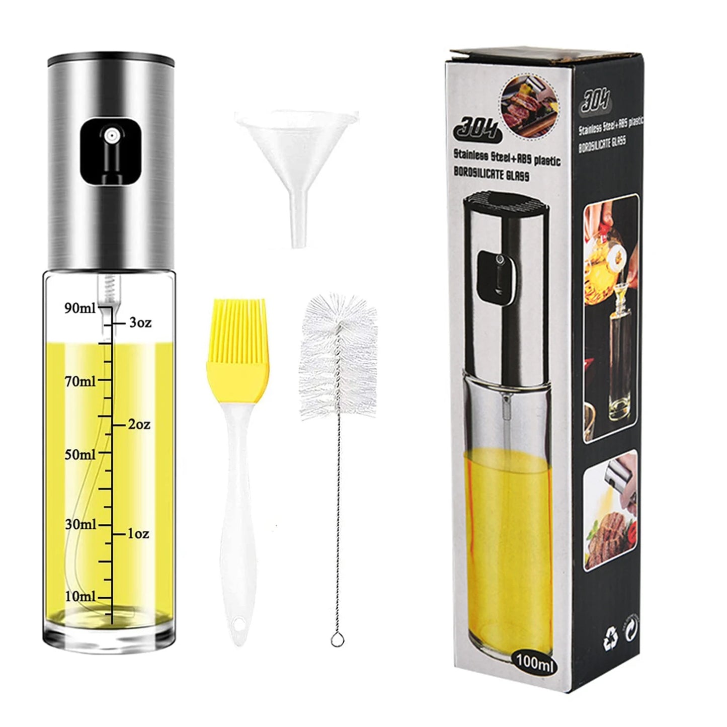 QZQ Baking Cooking BBQ Manual Pressure Pump Silicone Brush Stainless Steel Glass Vinegar and Olive Dispenser Spray Oil Spraye