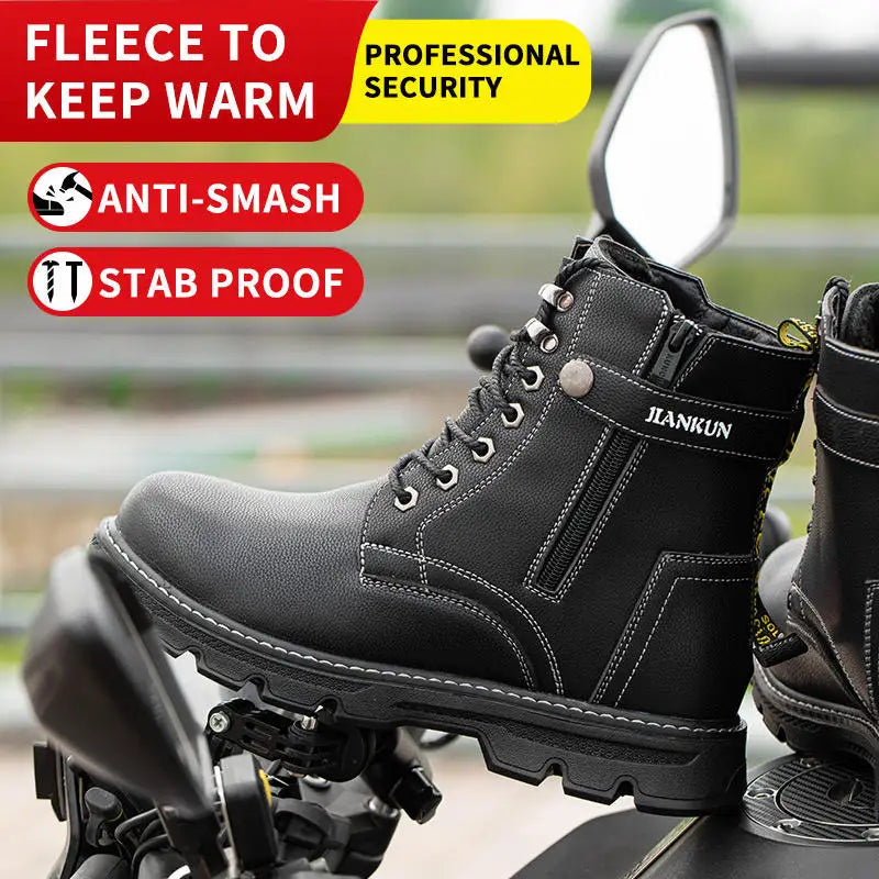 JIANKUN Unisex CE Certified Work Boots Genuine Leather Safety Shoes Microfiber Upper Rubber Outsole Non-Slip Cotton Fabric