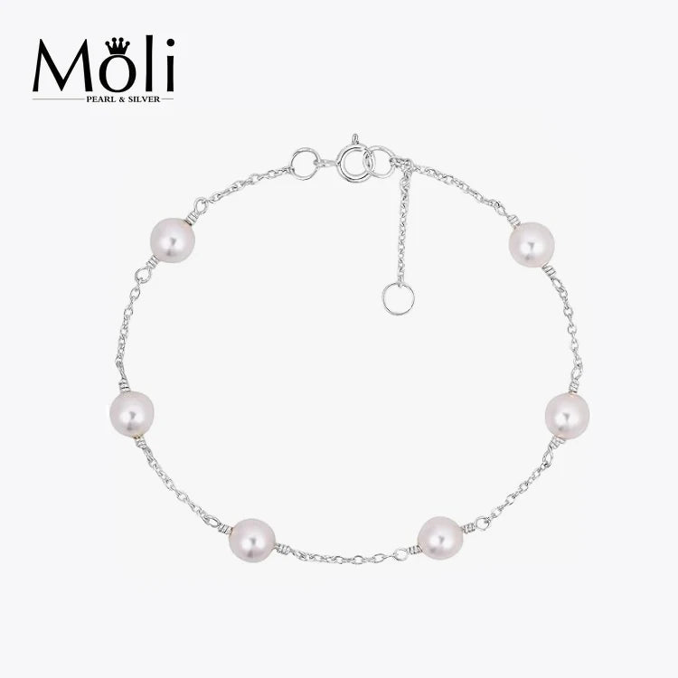 Fashion 6-7mm Freshwater Cultured Round Pearl Charm Handmade Bracelet Jewelry with Silver Chain