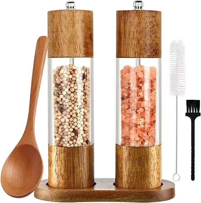 Premium Acrylic Salt & Pepper Grinder Set Eco-Friendly Food Mills with Wooden Pepper Shakers and Adjustable Ceramic Core