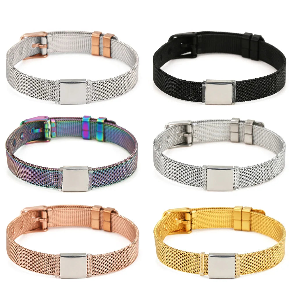 Classic 10mm Stainless Steel Mesh Bracelet Short Square Slider Charm Adjustable Unisex DIY Engrave Bangle Closure Blank
