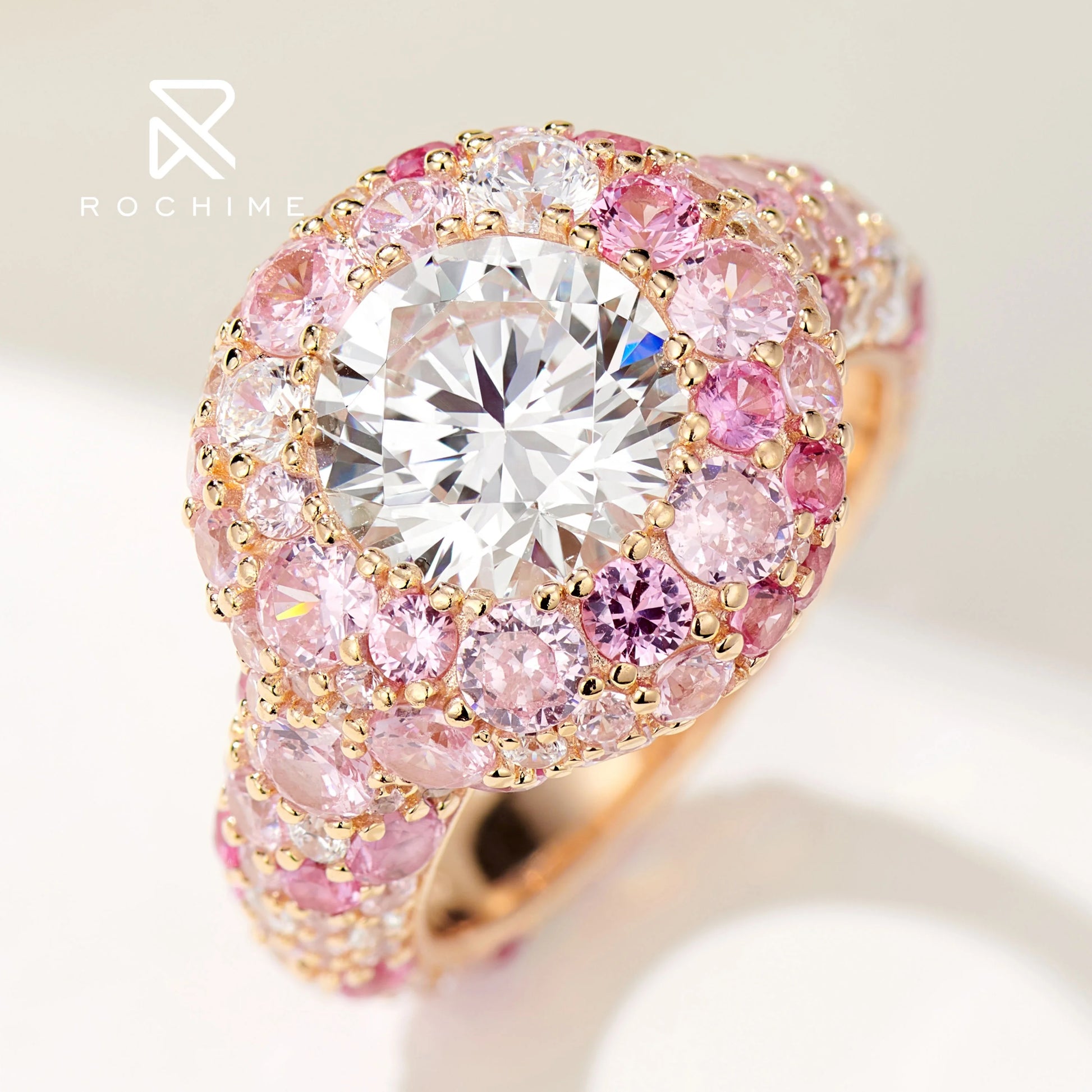 Rochime Luxury  pink Diamond Candy Flower Zircon Rings 925 Silver 2.5ct Fashion  Jewelry  Ring for Women