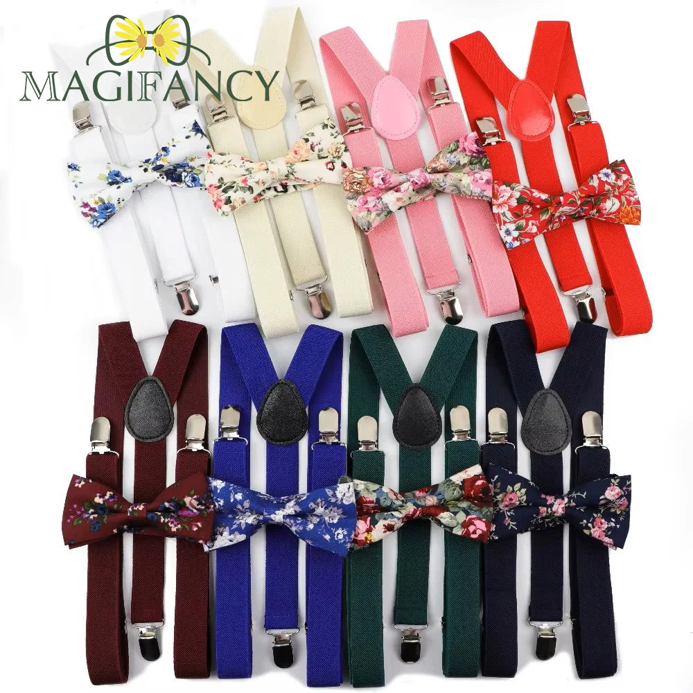 Floral Bowtie Braces Set Spring Mens Soild Suspenders Unique Y-Back Cotton Butterfly Belt Bow Tie Adjustable Accessory Specia