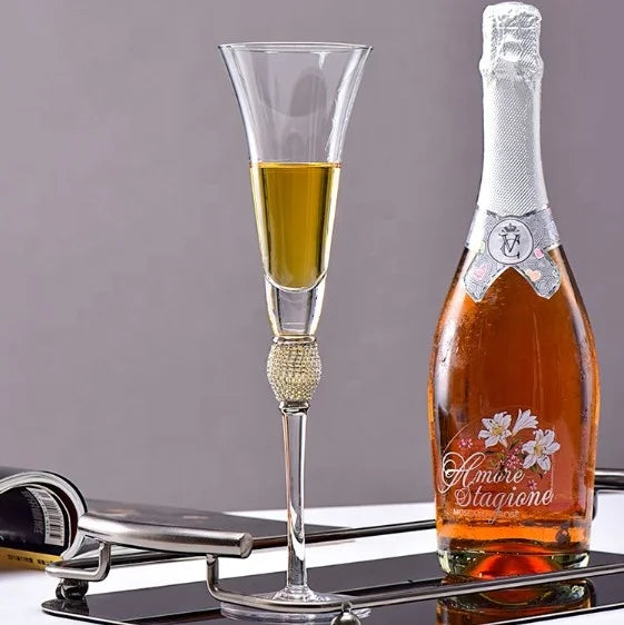 Gift Wholesale European Light Luxury Transparent Crystal Lead Free Glass Gold Silver Gold Rimmed Diamond champagne Flute