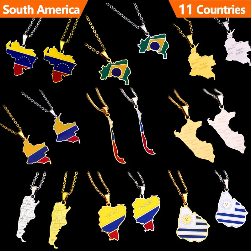 Custom South America Different Counties Flag Map Necklace Unisex Blank Wholesale Stainless Steel Necklace