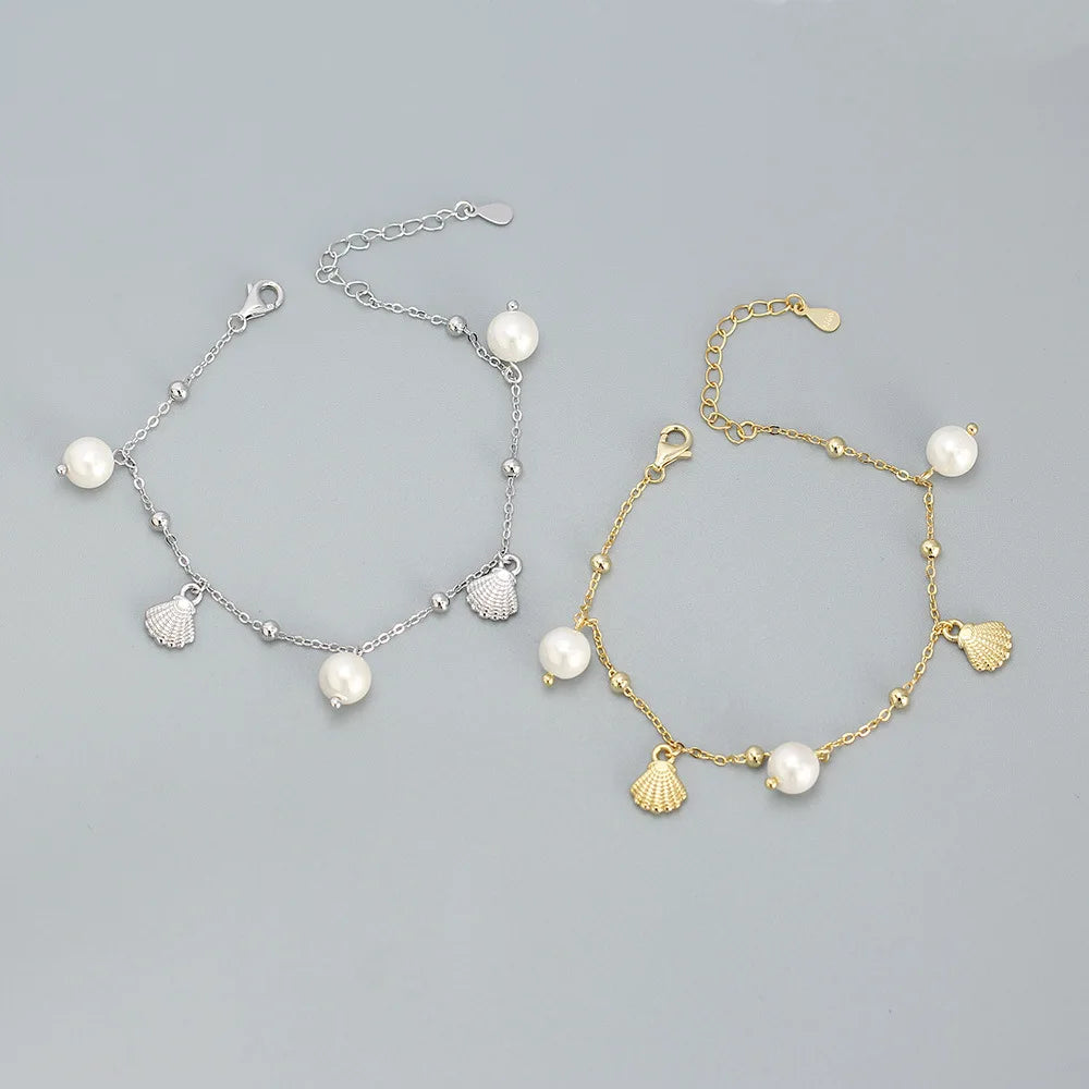 Fashion 925 Silver Plain Simple Shell Bracelet Jewelry 18K Gold Plated Sterling Silver Pearl Bracelet for Women