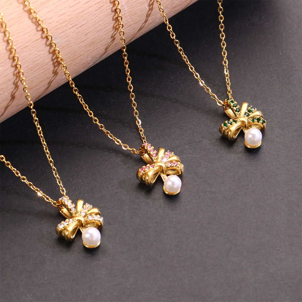 Bijoux Customized Stainless Steel Waterdrop Pendant Necklace for Women Gold Plated Chain Butterfly Knot Zircon Classic Weddin
