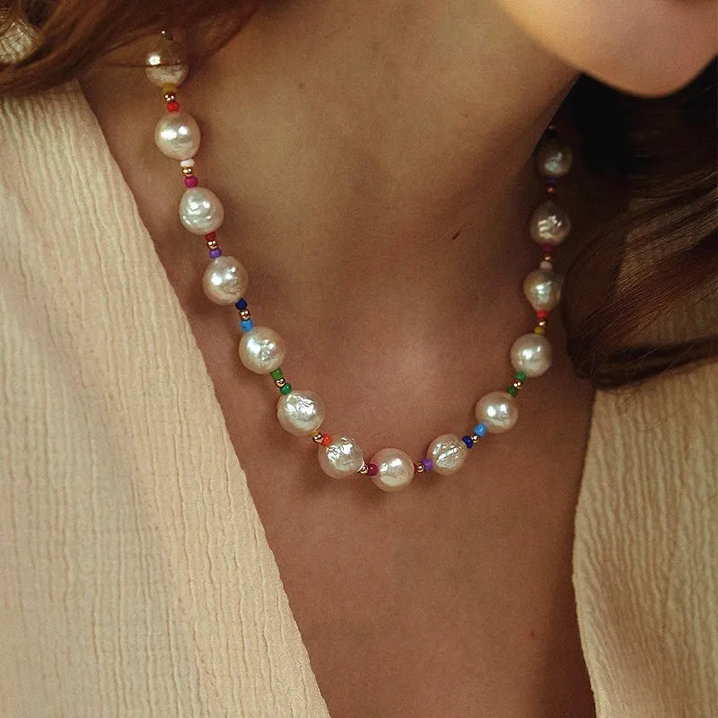 Handmade Vintage Freshwater Pearl Multicolor Beaded Necklace Jewelry for Women