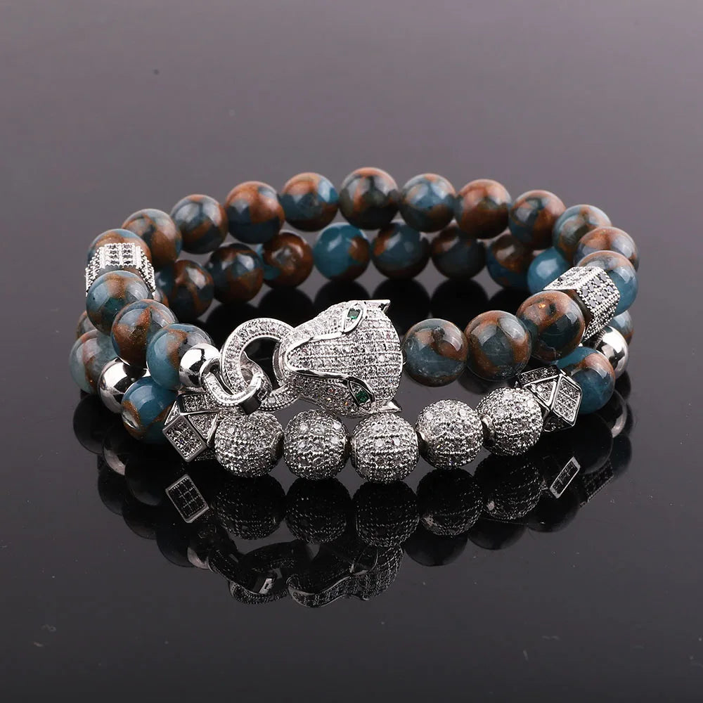 New Design Natural Stone CZ Leopard Charm Elastic Beaded Bracelet Set Women Men JBS12353