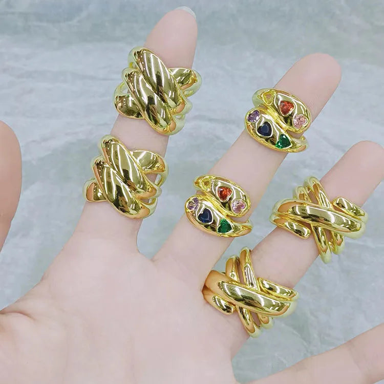 RA1162 Unique Stylish Boho Chunky Thick Wide 18K Gold Plain Multiple Layered Cross Adjustable Statement Ring