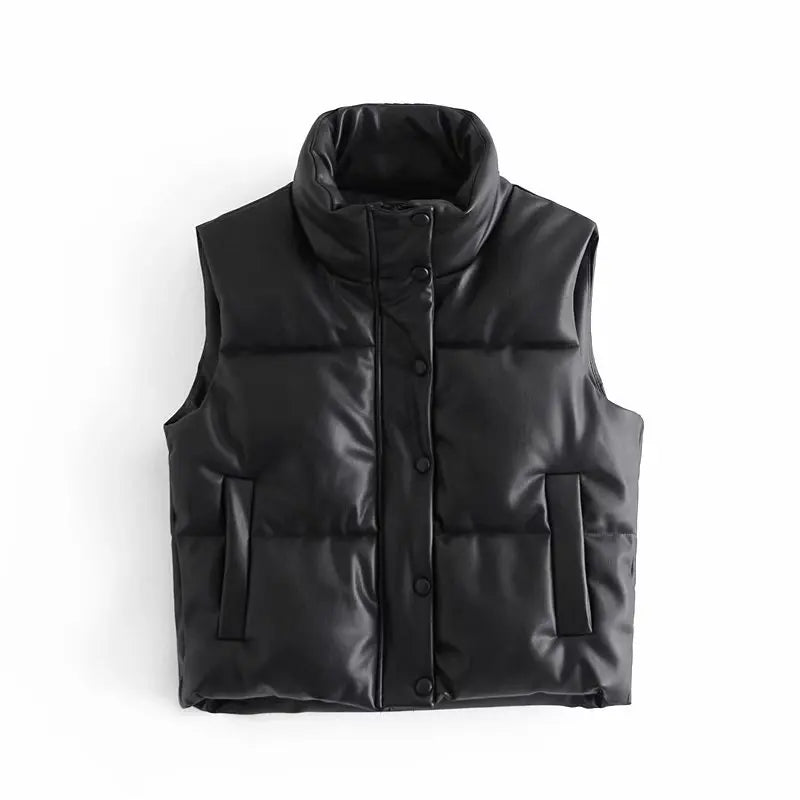 Fashion Fall 2023 Women Clothes Female Puffer Jacket PU Leather Quilted Women's Vests Waistcoats