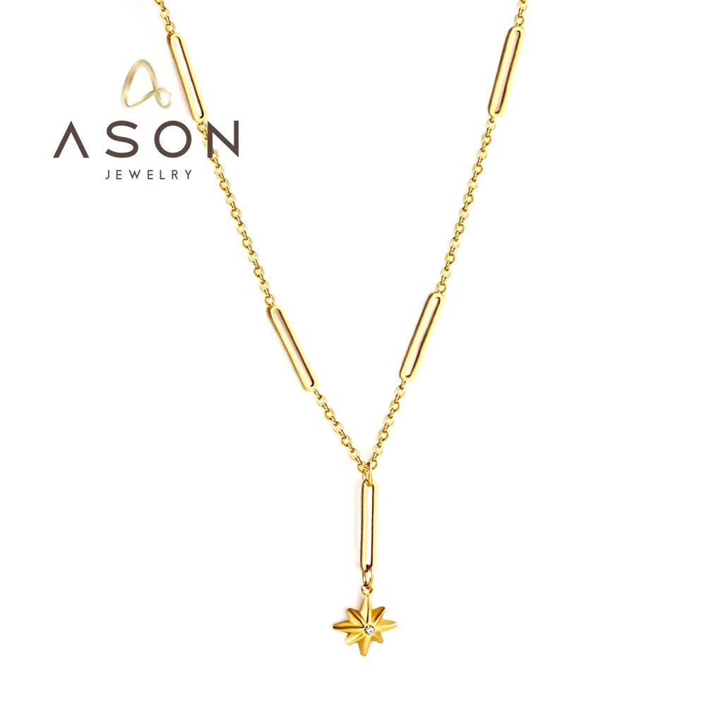 Ason Fashion Stainless Steel 18k Gold Plated Long Chain Women Charm Necklace Jewelry Hexagram Star Pendant Necklace with Zirc