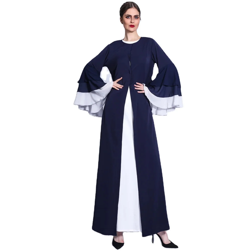 Pure Color Long Skirt Button Closure 3 Layers Tiered Sleeves Abaya for Eid Muslim