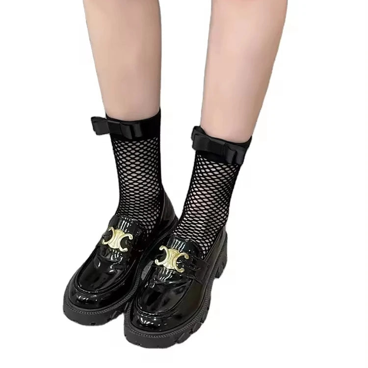 1 Pair of Spring/Summer New Edition Black and White Bow Fishing Socks Net Women's Crew Socks Lolita JK Wind Pile Socks