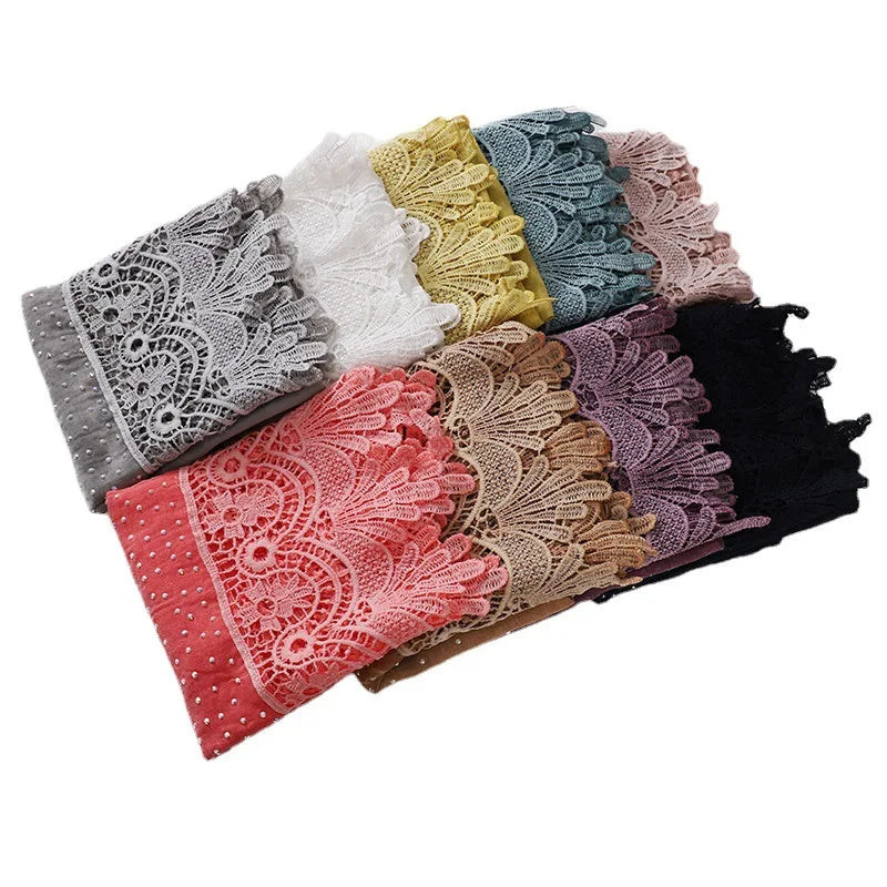 Wholesale New Design Women Luxury Plain Embroidered With Beads Crystal Cotton Head Scarf Muslim Wedding Lace Flowers Hijab Sc
