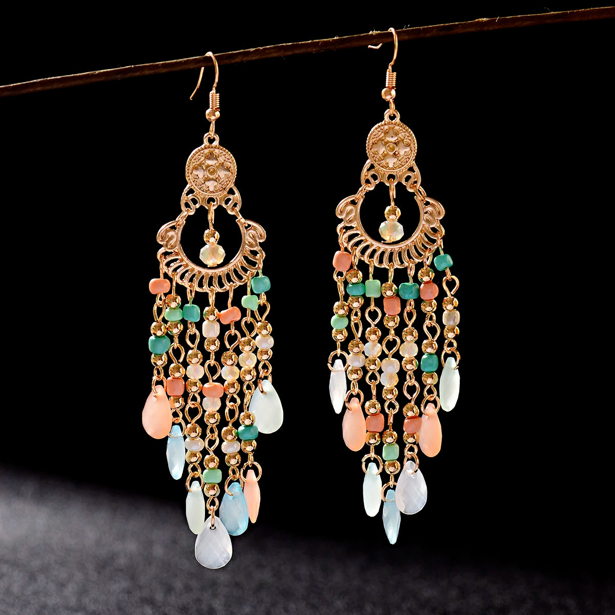 Classic Trendy White Crystal Long Tassel Gold Plated Feather Shape Bohemia Beads Wedding Earrings Unisex Douvei