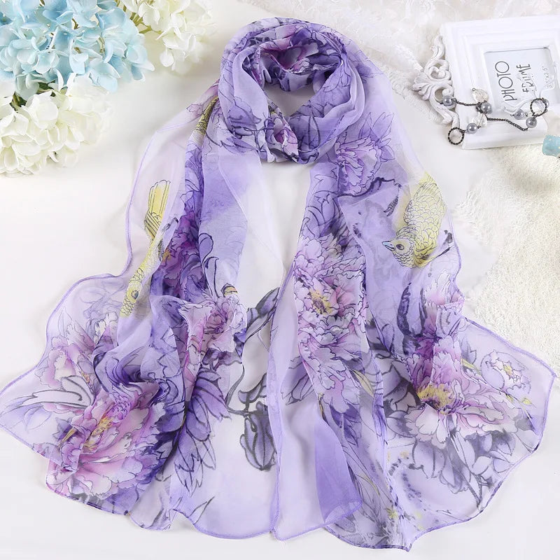 Summer Vintage Fashion Ladies Women Floral Full Printed Polyester Chiffon Scarf Wholesale