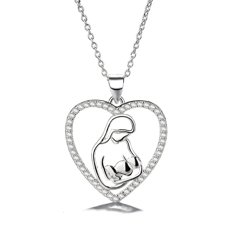 S925 Silver Rhodium Plated Parent-child Mom Zircon Heart Necklace Love Pendant Mothers Day Wedding Engagement Gift