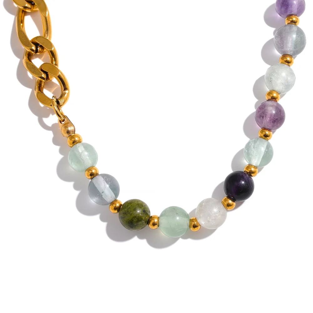 JINYOU 1476 Waterproof Stylish Colorful Natural Stone Beads Chain Stainless Steel Necklace for Women Exquisite Handmade Jewel