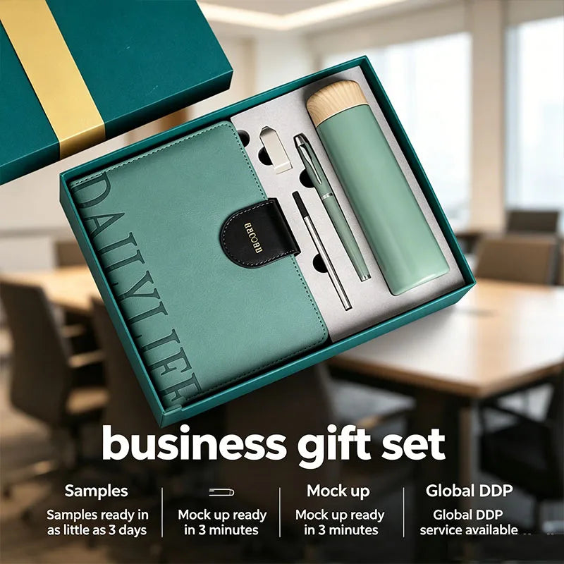 Corporate Gift Set A5 PU Notebook with Pen 8 16 GB USB Drive 250 ml Water Bottle for VIP Client OEM Custom Logo Luxury Gift Set