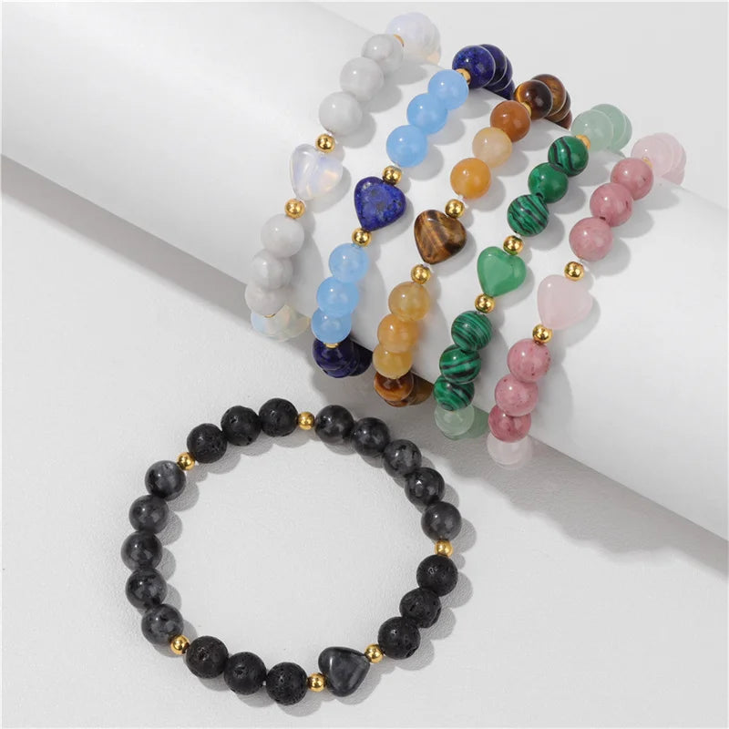 Healing Crystal Heart Women Bracelet Anxiety Stress Protection Tiger Eye Heart Charm Stone Bead Bracelet for Valentine's Day