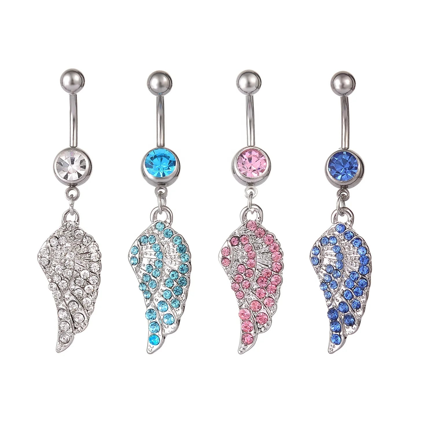 Single Colorful Crystal Angel Wing Belly Button Rings Stainless Steel Navel Rings Body Piercing Jewelry for Women
